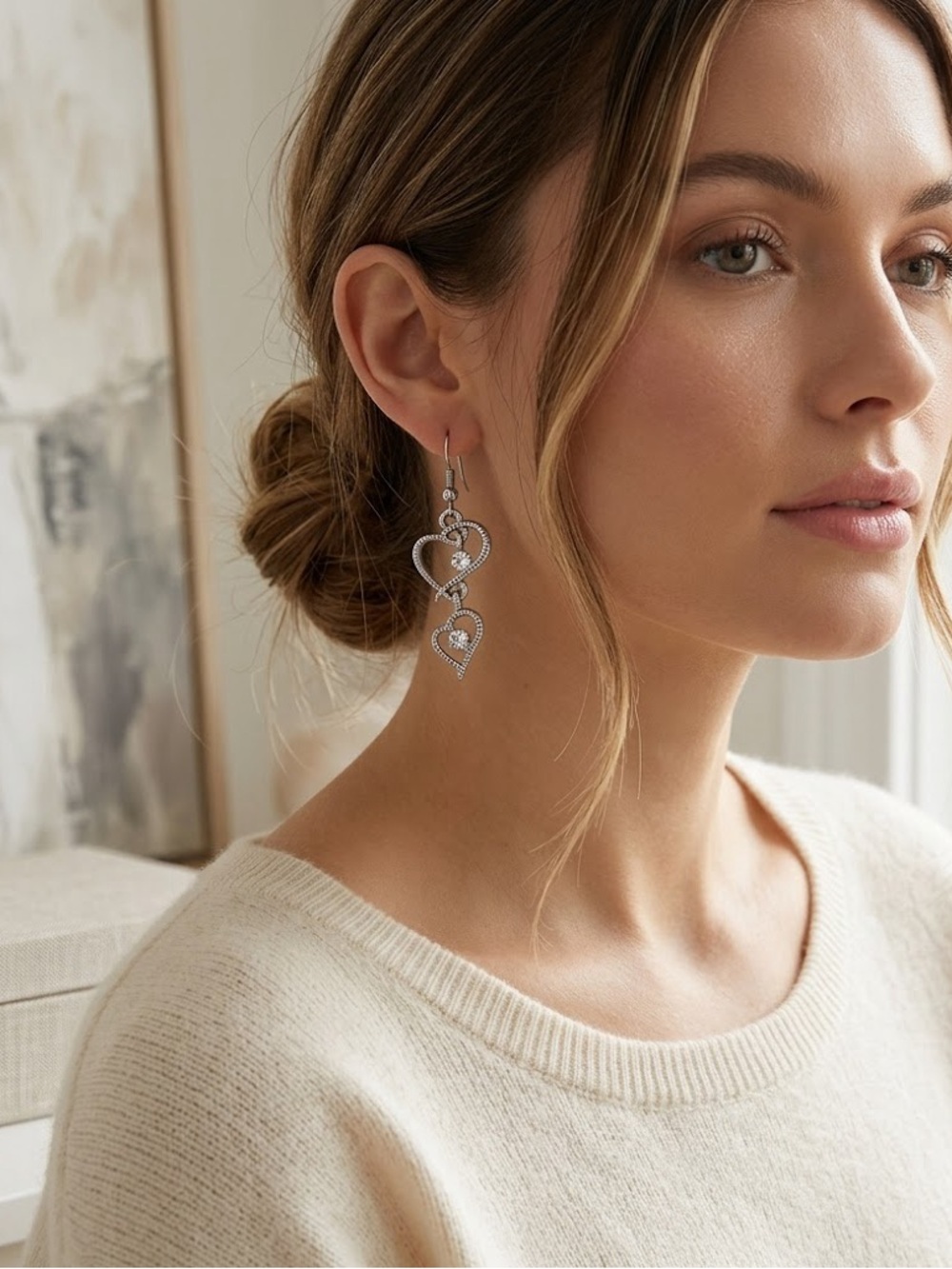 Silver Heart Clear Stud Classic Neutral Dangly Earrings